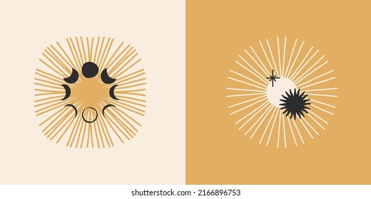 Hand drawn vector abstract stock flat graphic illustration set with logo element,bohemian astrology magic minimalistic emblem of mystic sun and moon phases silhouettes,simple style for branding.