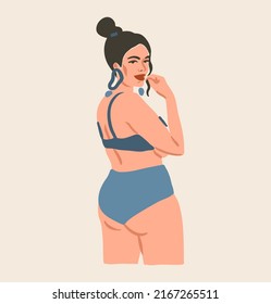 Hand drawn vector abstract stock flat graphic contemporary aesthetic fashion illustration with bohemian,beautiful modern plus size female in simple trendy minimal style isolated on pastel background