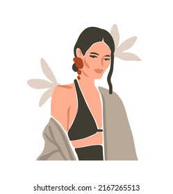 Hand drawn vector abstract stock flat graphic contemporary aesthetic fashion illustration with bohemian,beautiful modern female portrait in simple trendy minimal style isolated on pastel background.