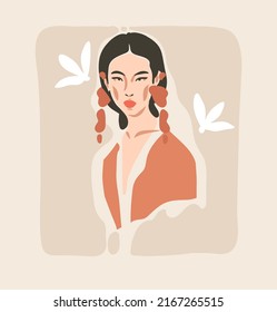 Hand drawn vector abstract stock flat graphic contemporary aesthetic fashion illustration with bohemian,beautiful modern female portrait in simple trendy minimal style isolated on pastel background.