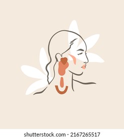 Hand drawn vector abstract stock flat graphic contemporary line art,aesthetic fashion illustration with bohemian,beautiful modern female portrait in simple trendy style isolated on pastel background.