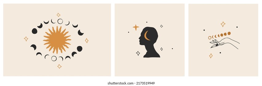 Hand drawn vector abstract stock flat graphic illustrations set with logo element,bohemian astrology magic art of galaxy space,crescent moon,stars,sun and human silhouette,simple style for branding.