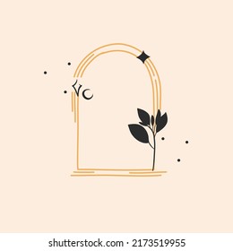 Hand drawn vector abstract stock flat graphic illustration with logo element,bohemian astrology magic minimalistic emblem of line arch portal with stars and leaves,simple style for branding.