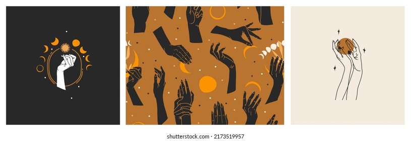 Hand drawn vector abstract stock flat graphic illustrations set with logo element,bohemian astrology magic art of galaxy space,crescent moon,stars,sun and human silhouette,simple style for branding.