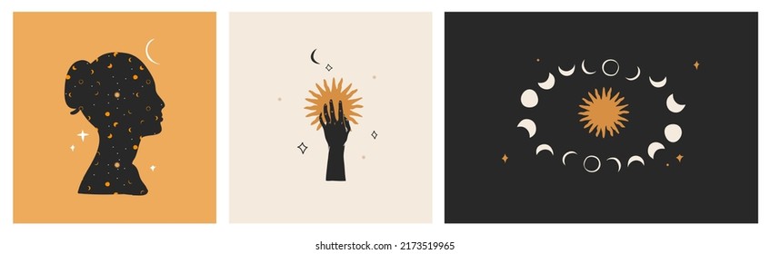 Hand drawn vector abstract stock flat graphic illustrations set with logo element,bohemian astrology magic art of galaxy space,crescent moon,stars,sun and human silhouette,simple style for branding.