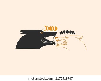 Hand drawn vector abstract stock flat graphic illustrations with logo element,bohemian astrology magic minimalistic emblem of mystic line art wolves and moon phase,simple style for branding