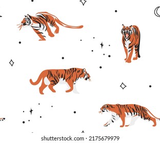 Hand drawn vector abstract stock modern graphic illustrations,bohemian contemporary seamless pattern print with wild cute orange tigers animals moon and stars,striped texture.Modern exotic concept.