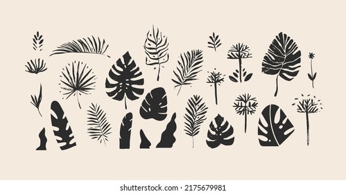 Hand drawn vector abstract stock flat graphic sketch drawing illustrations collection set with logo elements of tropical,black exotic palm leaves silhouettes art in simple style for branding,isolated.