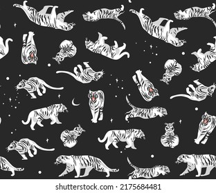Hand drawn vector abstract stock modern graphic illustrations,bohemian contemporary seamless pattern print with wild cute orange tigers animals moon and stars,striped texture.Modern exotic concept.