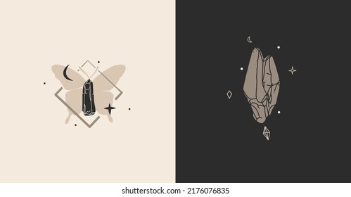 Hand drawn vector abstract stock flat graphic illustrations collection set with logo elements,bohemian magic art sign of crystal gem stone in human hand and stars in simple style for branding.