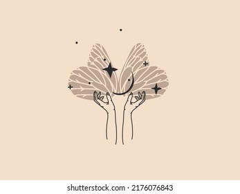 Hand drawn vector abstract stock flat graphic illustration with logo element,bohemian magic art of crystal gem stone in human hand and stars in simple style for branding,isolated on color background.