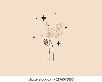 Hand drawn vector abstract stock flat graphic illustration with logo element,bohemian magic art of crystal gem stone in human hand and stars in simple style for branding,isolated on color background.