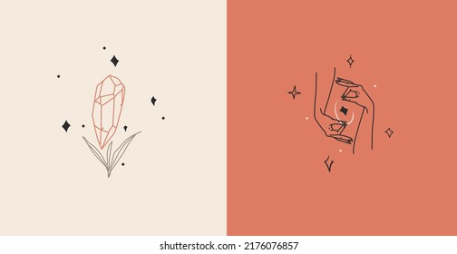 Colección de ilustraciones gráficas planas con elementos de logotipo, símbolo de arte mágico bohemio de piedra de gema de cristal en mano humana y estrellas de estilo sencillo para la marca.