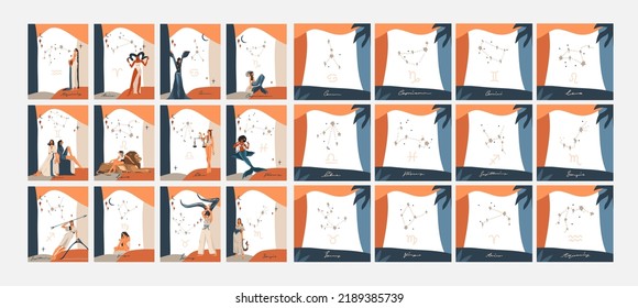 Hand drawn vector abstract stock graphic simple illustration collection cards set art with modern magic collage artistic contemporary print template of boho zodiac stars constellations signs postcard.