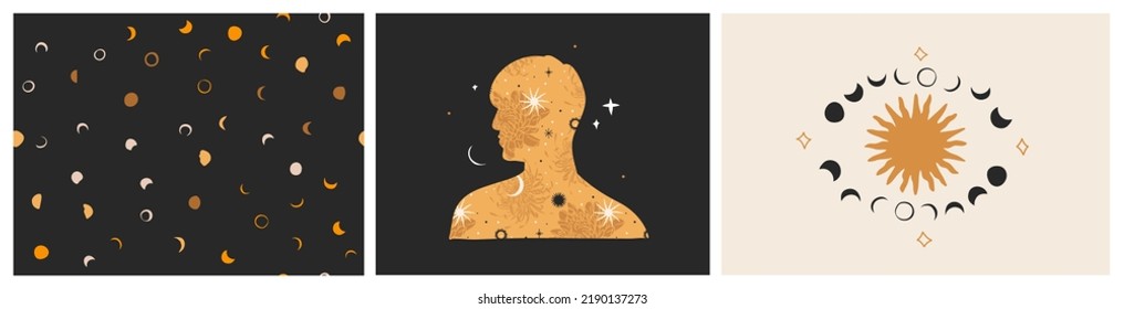 Gráficas gráficas planas de tipo vectorial dibujadas a mano con elementos de logotipo, astrología bohemiana arte mágico del espacio galaxial, luna creciente, estrellas, sol y silueta humana, estilo sencillo de marca.