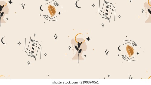 Material abstracto de vector dibujado a mano ilustración gráfica plana con elemento logotipo,arte mágico bohemio patrón sin fisuras de manos de la mujer, cristales de oro, estrellas y luna en estilo simple,diseño astrológico femenino