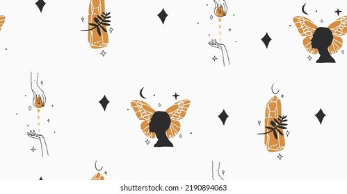 Material abstracto de vector dibujado a mano ilustración gráfica plana con elemento logotipo,arte mágico bohemio patrón sin fisuras de manos de la mujer, mariposa dorada, estrellas y luna en estilo simple,astrología femenina
