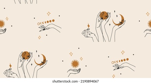 Hand drawn vector abstract stock flat graphic illustration with logo element,bohemian magic line art seamless pattern of woman hand,crescent,star and moon phase in simple style,feminine astrology.