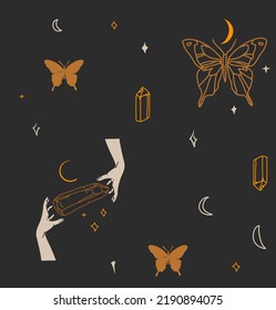 Hand drawn vector abstract stock flat graphic illustration with logo element,bohemian magic art seamless pattern of woman hands,gold butterfly,stars and moon in simple style,feminine astrology