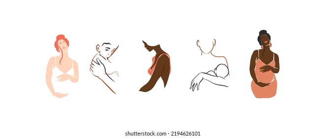 Hand drawn vector abstract stock graphic contemporary line art,aesthetic fashion illustrations collection set with beautiful modern pregnant women with a newborn in simple trendy style,for branding.