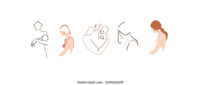 Hand drawn vector abstract stock graphic contemporary line art,aesthetic fashion illustrations collection set with beautiful modern pregnant woman with a newborn in simple trendy style,for branding.
