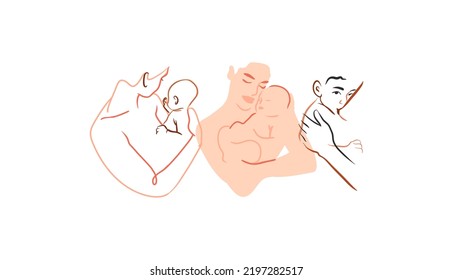Hand drawn vector abstract stock graphic contemporary line art,aesthetic fashion illustrations collection set with beautiful modern pregnant woman with a newborn in simple trendy style,for branding.