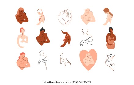 Hand drawn vector abstract stock graphic contemporary line art,aesthetic fashion illustrations collection set with beautiful modern pregnant woman with a newborn in simple trendy style,for branding.