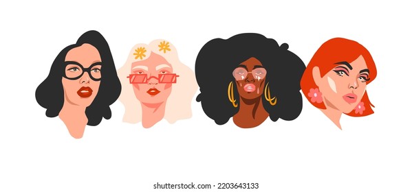 Hand drawn vector abstract stock flat graphic illustration collection set with retro vintage groovy disco 60s,70s boho modern diverse woman portraits faces.Disco funky modern concept art design.