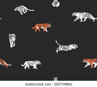 Hand drawn vector abstract stock modern graphic illustrations,bohemian contemporary seamless pattern print with wild cute orange tigers animals moon and stars,striped texture.Modern exotic concept