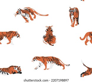 Hand drawn vector abstract stock modern graphic illustrations,bohemian contemporary seamless pattern print with wild cute orange tigers animals moon and stars,striped texture.Modern exotic concept