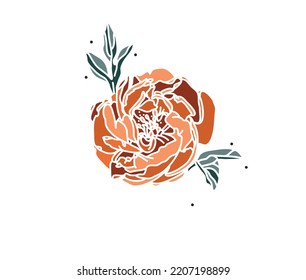 Hand drawn vector abstract stock flat graphic illustration with logo element of line flower art of peony in simple style for branding,isolated on white background.Sacred magic boho feminine concept.