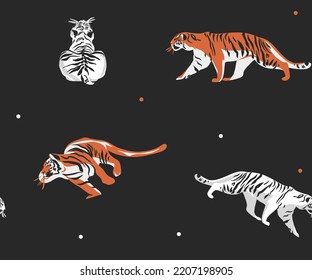 Hand drawn vector abstract stock modern graphic illustrations,bohemian contemporary seamless pattern print with wild cute orange tigers animals moon and stars,striped texture.Modern exotic concept