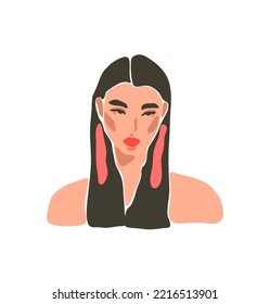 Hand drawn vector abstract stock flat graphic contemporary modern art,aesthetic fashion illustration with bohemian,beautiful modern female portrait,simple trendy style.Woman design concept art.