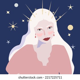 Hand drawn vector abstract stock flat graphic illustration with ethnic tribal beautiful woman. The concept of horoscope signs of the zodiac of astrology and space. A blonde woman against, star