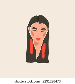 Material vectorial dibujado a mano material gráfico plano arte contemporáneo arte contemporáneo, ilustración estética de moda con retrato femenino bohemio, hermoso retrato moderno, estilo simple y a la moda.Arte concepto de diseño femenino.