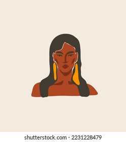 Material vectorial dibujado a mano material gráfico plano arte contemporáneo arte contemporáneo, ilustración estética de moda con retrato femenino bohemio, hermoso retrato moderno, estilo simple y a la moda.Arte concepto de diseño femenino.