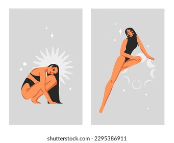 Hand drawn vector abstract stock flat graphic cartoon illustration with bohemian celestial galaxy mystic beautiful witchy woman,moon and magic stars in simple style isolated. Astrology female concept.