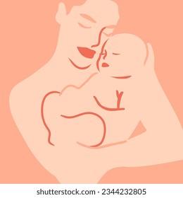 Hand drawn vector abstract stock flat graphic contemporary line art,aesthetic fashion illustration with bohemian,beautiful modern female with a baby in her arms in simple trendy style,for branding.