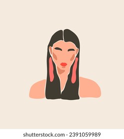 Hand drawn vector abstract stock flat graphic contemporary line art,aesthetic fashion illustration with bohemian,beautiful modern female portrait in simple trendy style isolated on pastel background.