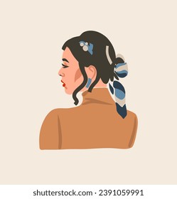 Hand drawn vector abstract stock flat graphic contemporary line art,aesthetic fashion illustration with bohemian,beautiful modern female portrait in simple trendy style isolated on pastel background.
