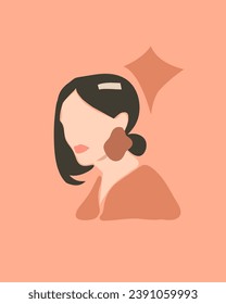 Hand drawn vector abstract stock flat graphic contemporary line art,aesthetic fashion illustration with bohemian,beautiful modern female portrait in simple trendy style isolated on pastel background.