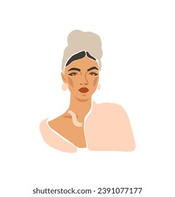 Hand drawn vector abstract stock flat graphic contemporary line art,aesthetic fashion illustration with bohemian,beautiful modern female portrait in simple trendy style isolated on pastel background.