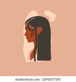 Hand drawn vector abstract stock flat graphic contemporary line art,aesthetic fashion illustration with bohemian,beautiful modern female portrait in simple trendy style isolated on pastel background