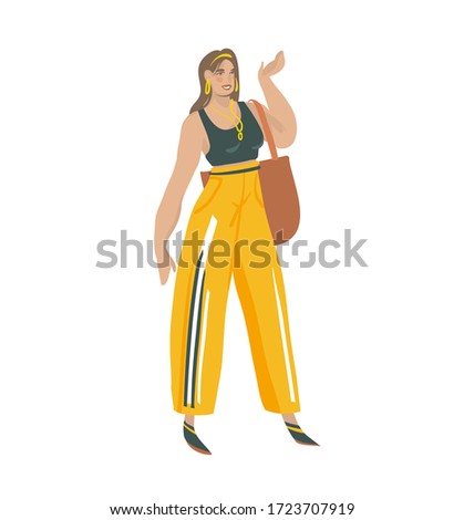 Hand drawn vector abstract stock graphic illustration with young smiling student female with shopper bag isolated on white background