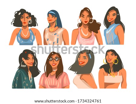 Hand drawn vector abstract stock graphic illustrations collection set bundle with young smiling beautiful females with earrings isolated on white background