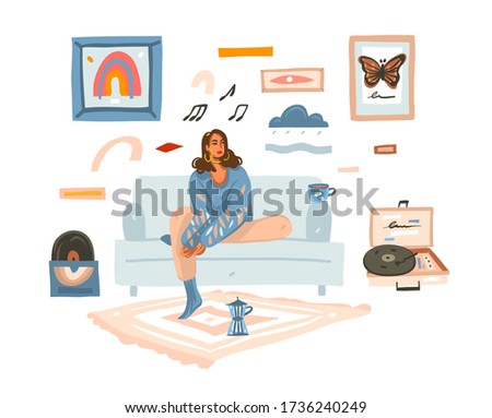 Hand drawn vector abstract stock graphic illustration with young melancholy female sitting on the chair and drinking coffee at home isolated on white background