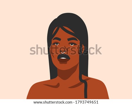 Hand drawn vector abstract stock flat graphic illustration with ethnic tribal black beautiful african american woman and golden full moonin simple style ,isolated on white background