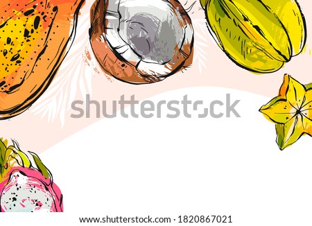 Hand drawn vector abstract stock flat graphic illustration with business card or border template with tropical exotic fruit coconut,papaya,carambola and dragon frut isolated on white background