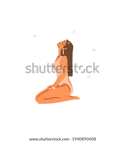 Hand drawn vector abstract stock graphic bohemian clipart illustration with young happy beauty female character,meditating and yoga practitioner isolated on white background