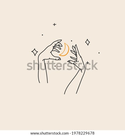 Hand drawn vector abstract stock flat graphic illustration with logo element,bohemian magic line art of gold crescent,woman hand and stars in simple style for branding,isolated on color background